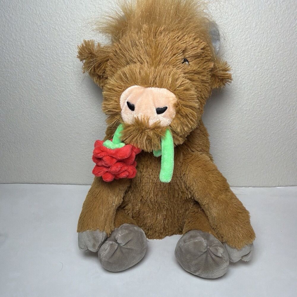 Gigglescape Highland Cow W/ Rose Plush 13" Stuffed Animal Toy Soft